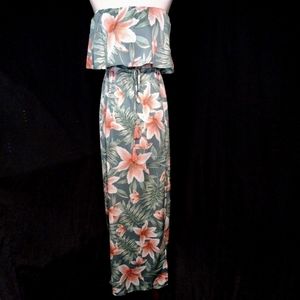 NWT Aakaa Strapless Floral Maxi Dress, Ruffle Chest, Drawstring, 2 Slits, Size S